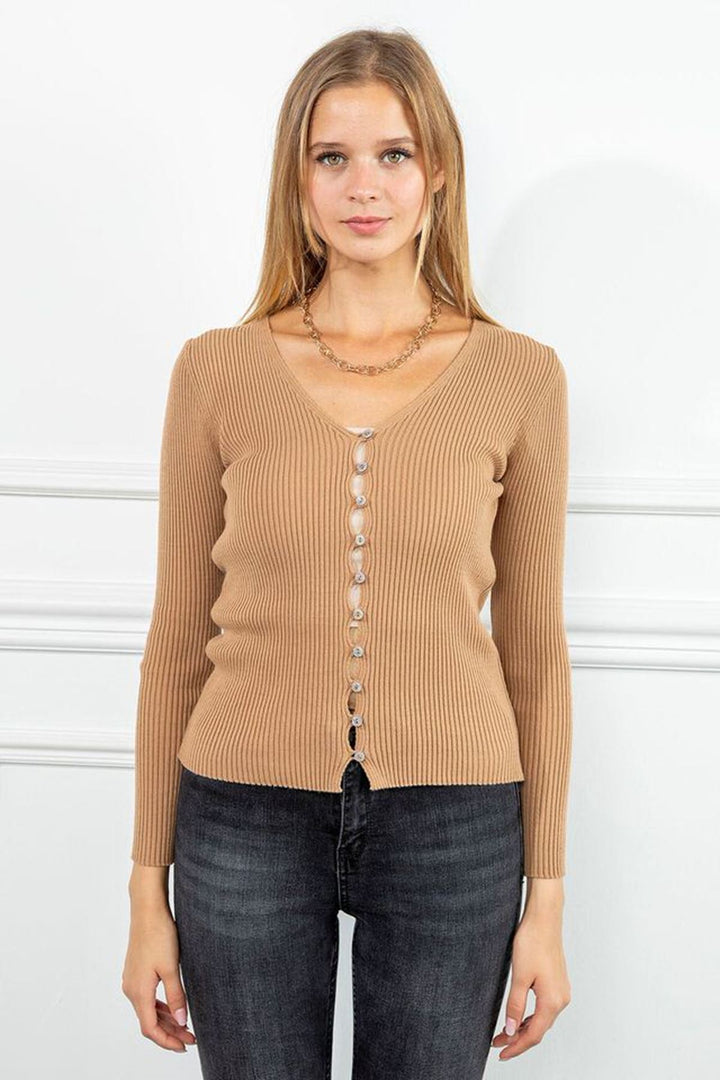 KKT Knitwear Fabric V Neck Full Fit Women Cardigan-Light Brown - Ciudad Victoria