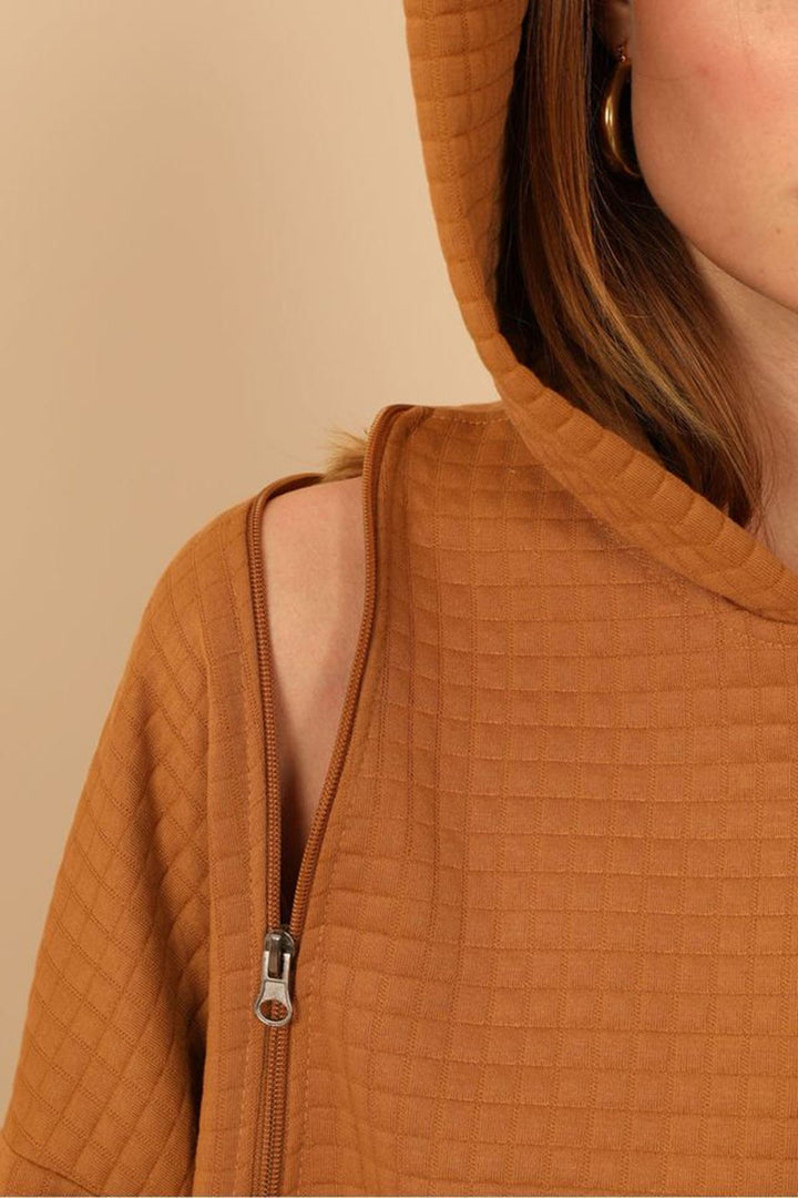 KKT Jesica Fabric Long Sleeve Hooded Oversize Zip Women Sweatshirt - Light Brown - Bondy