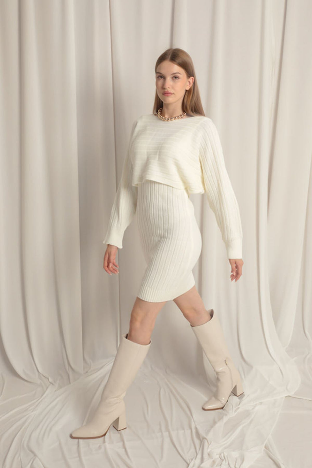 KKT Ecru Dress Set with Knitted Fabric Sweater - Coventry