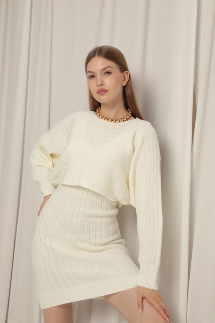 KKT Ecru Dress Set with Knitted Fabric Sweater - Coventry