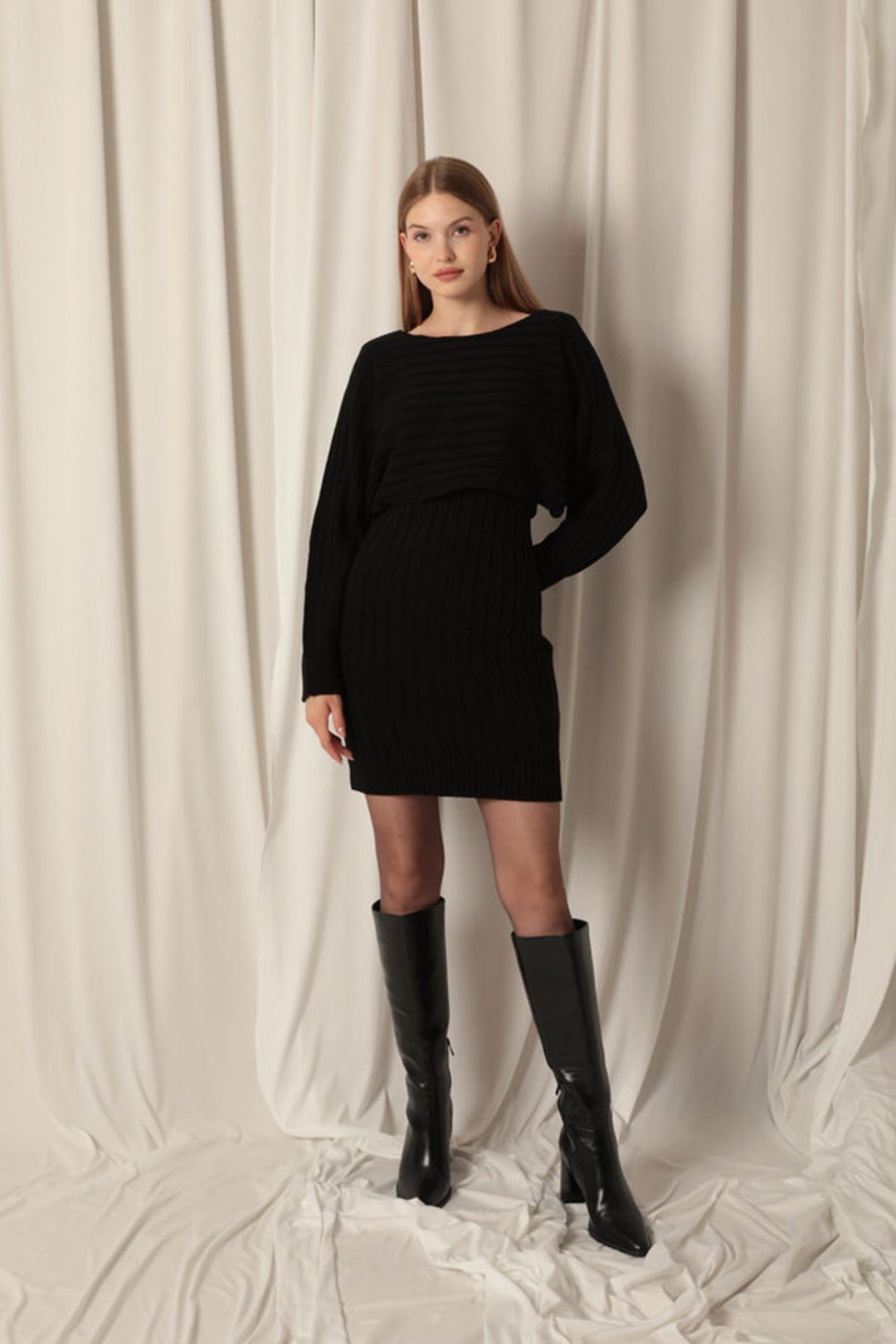 KKT Black Dress Set with Knitted Fabric Sweater - Texcoco
