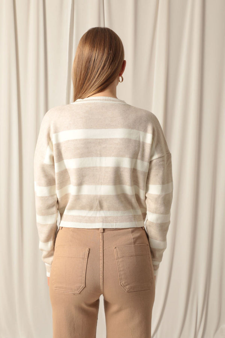 KKT Knitwear Fabric Striped Women's Stone Sweater - Kamen