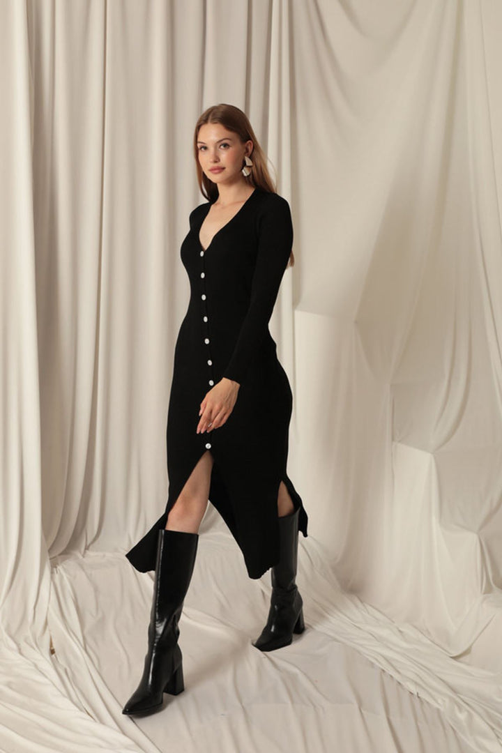 KKT Knitwear Fabric Buttoned Women's Black Dress - Derby