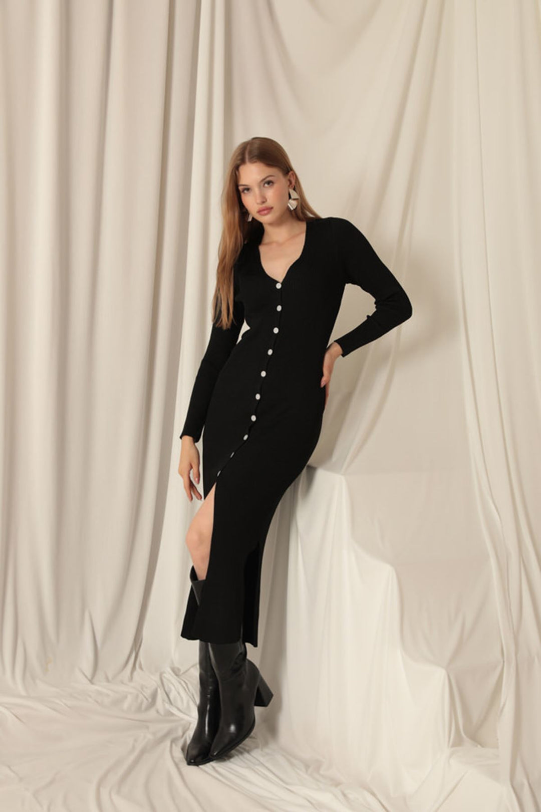 KKT Knitwear Fabric Buttoned Women's Black Dress - Derby