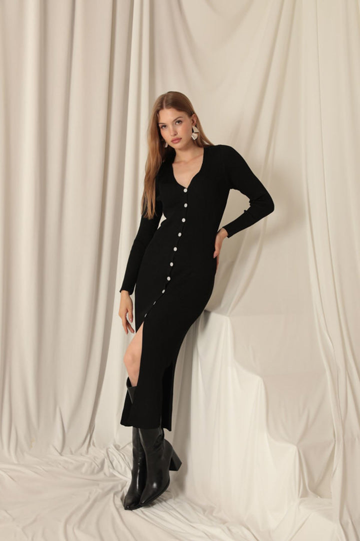 KKT Knitwear Fabric Buttoned Women's Black Dress - Derby