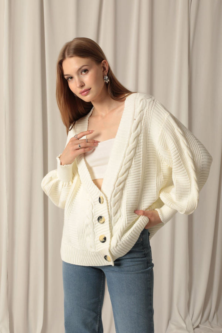 KKT Women's Ecru Cardigan with Knitwear Fabric Knit Detail - Marburg