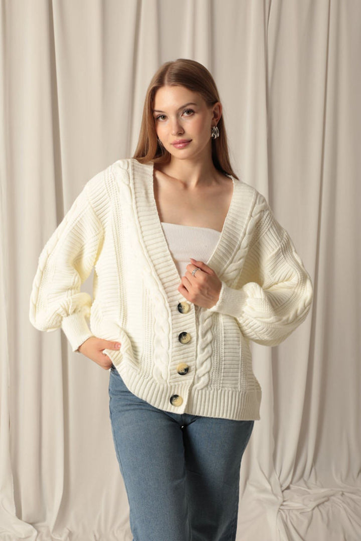 KKT Women's Ecru Cardigan with Knitwear Fabric Knit Detail - Marburg