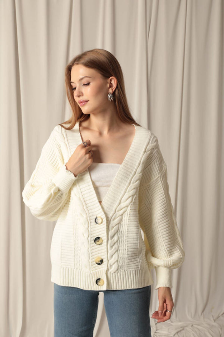 KKT Women's Ecru Cardigan with Knitwear Fabric Knit Detail - Marburg