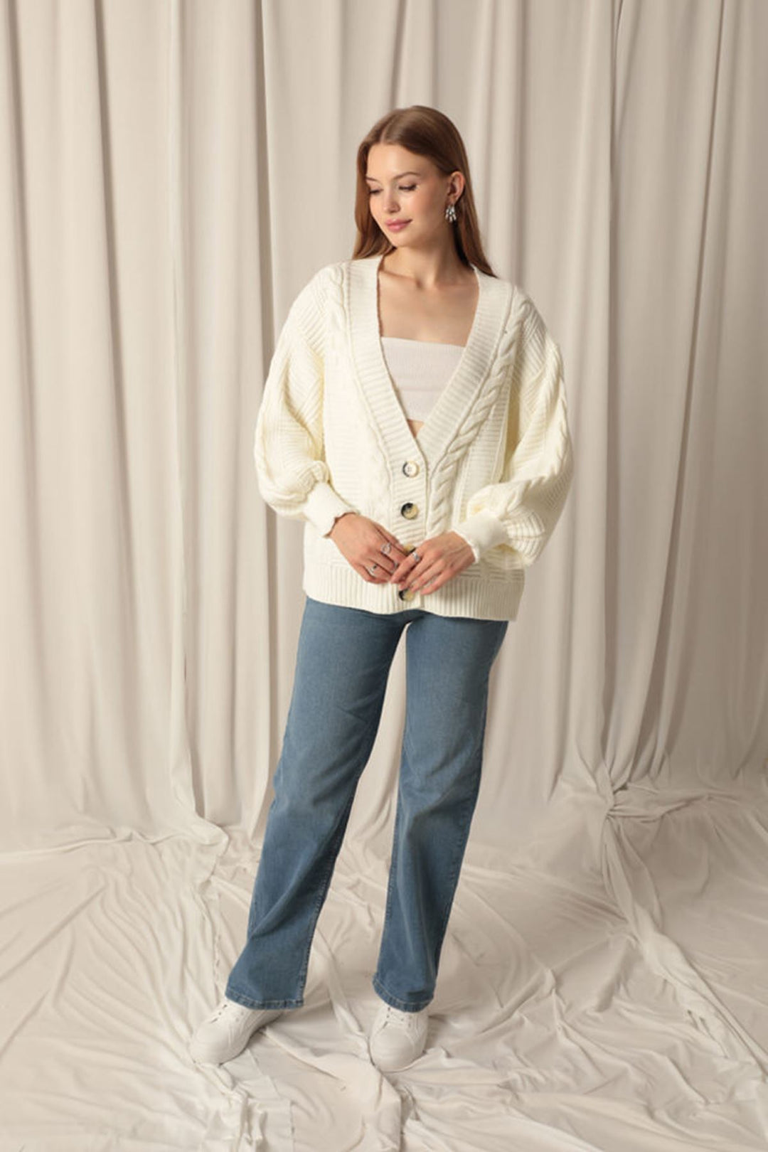 KKT Women's Ecru Cardigan with Knitwear Fabric Knit Detail - Marburg