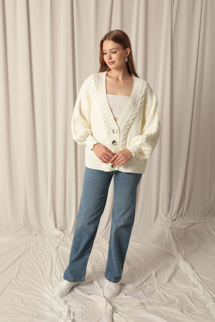KKT Women's Ecru Cardigan with Knitwear Fabric Knit Detail - Marburg