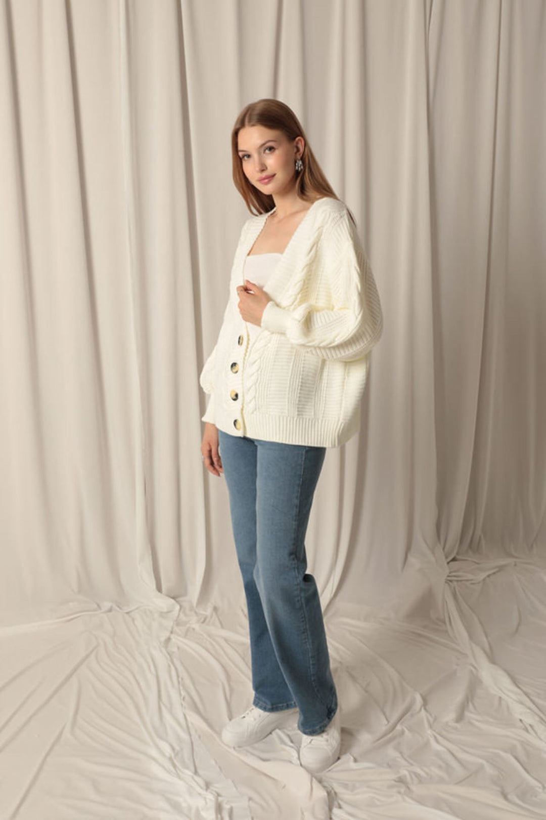 KKT Women's Ecru Cardigan with Knitwear Fabric Knit Detail - Marburg