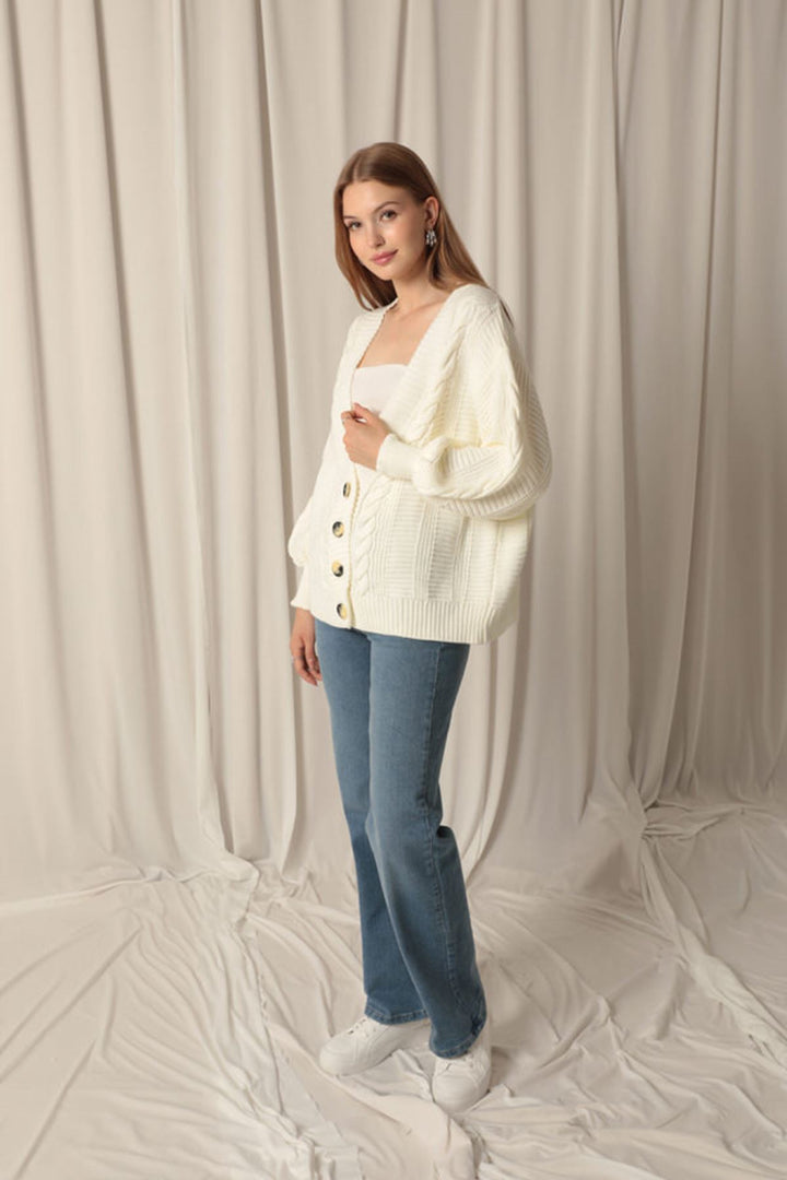 KKT Women's Ecru Cardigan with Knitwear Fabric Knit Detail - Marburg