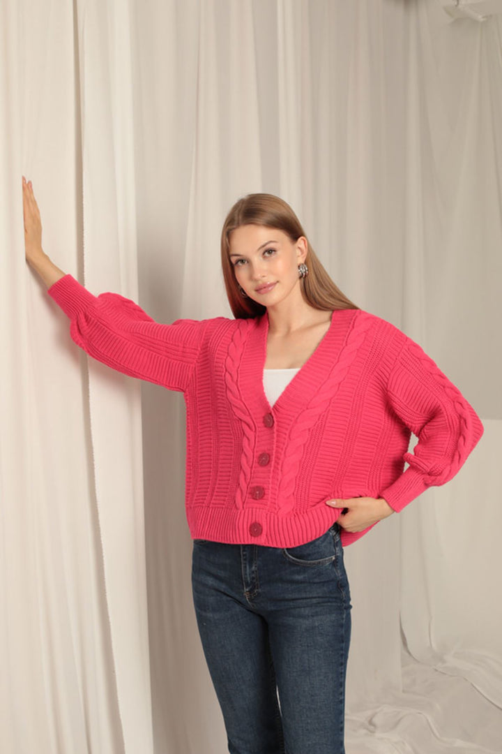 KKT Knitwear Fabric Knit Detailed Women's Fuchsia Cardigan - Rochester Hills