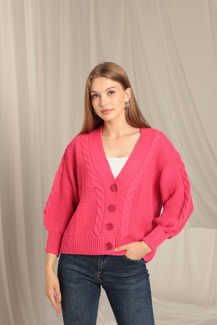 KKT Knitwear Fabric Knit Detailed Women's Fuchsia Cardigan - Rochester Hills