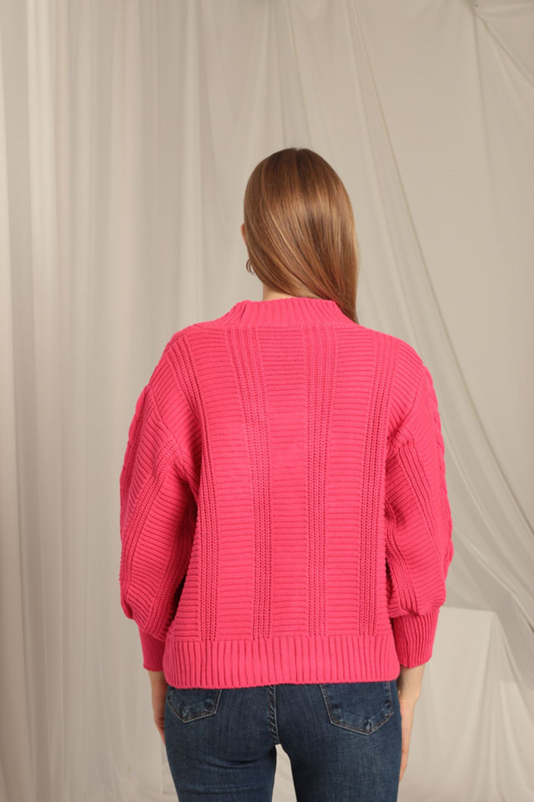KKT Knitwear Fabric Knit Detailed Women's Fuchsia Cardigan - Rochester Hills