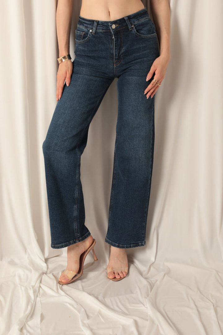 KKT Denim Fabric Wide Leg Women's Navy Blue Trousers - Mayagüez