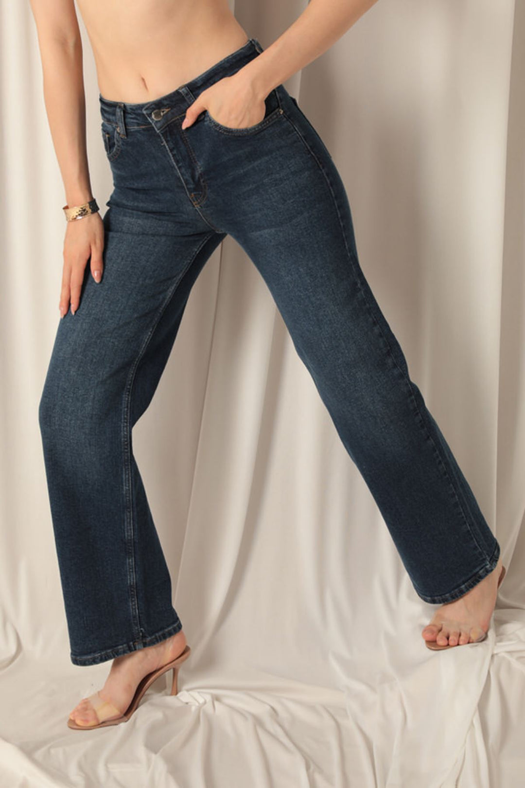 KKT Denim Fabric Wide Leg Women's Navy Blue Trousers - Mayagüez