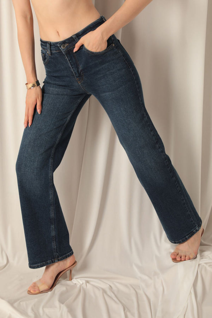 KKT Denim Fabric Wide Leg Women's Navy Blue Trousers - Mayagüez