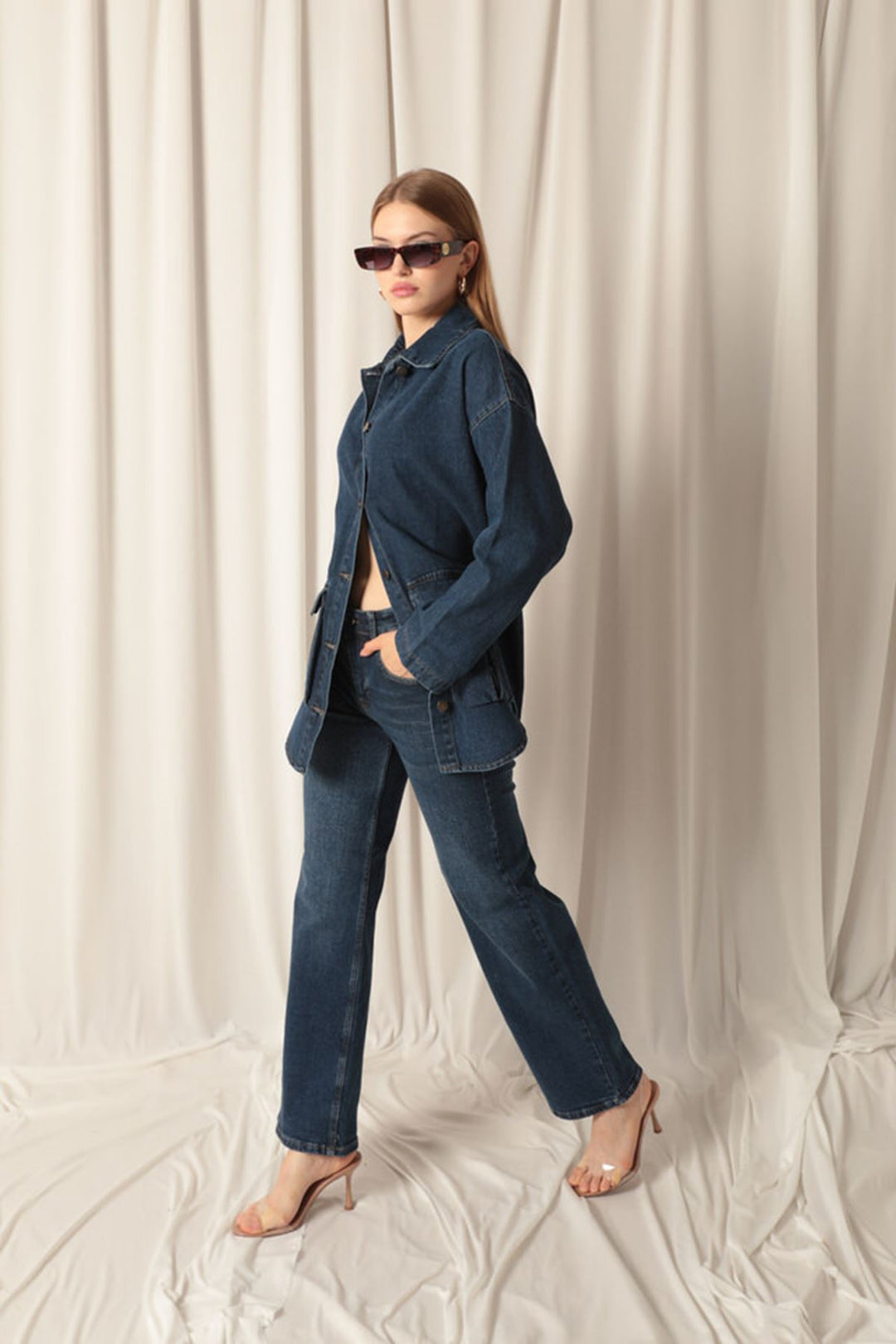 KKT Denim Fabric Wide Leg Women's Navy Blue Trousers - Mayagüez
