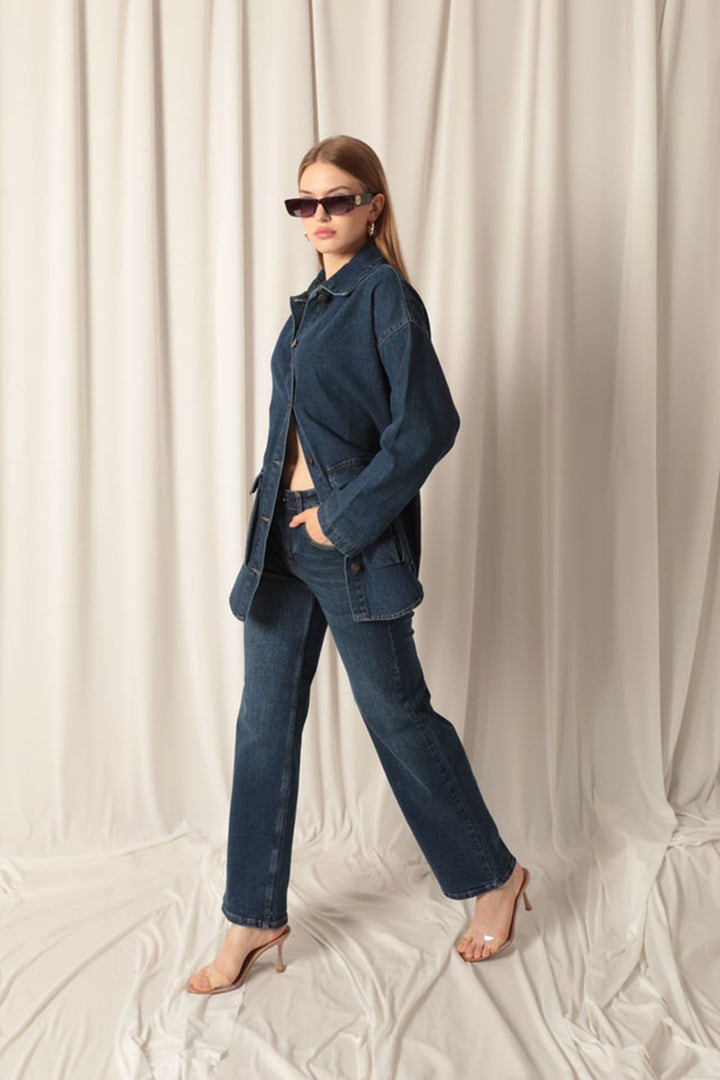 KKT Denim Fabric Wide Leg Women's Navy Blue Trousers - Mayagüez