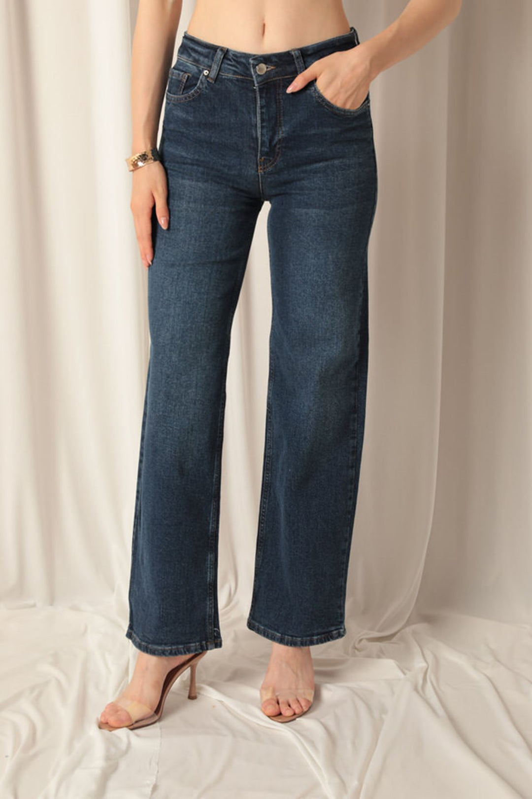 KKT Denim Fabric Wide Leg Women's Navy Blue Trousers - Mayagüez