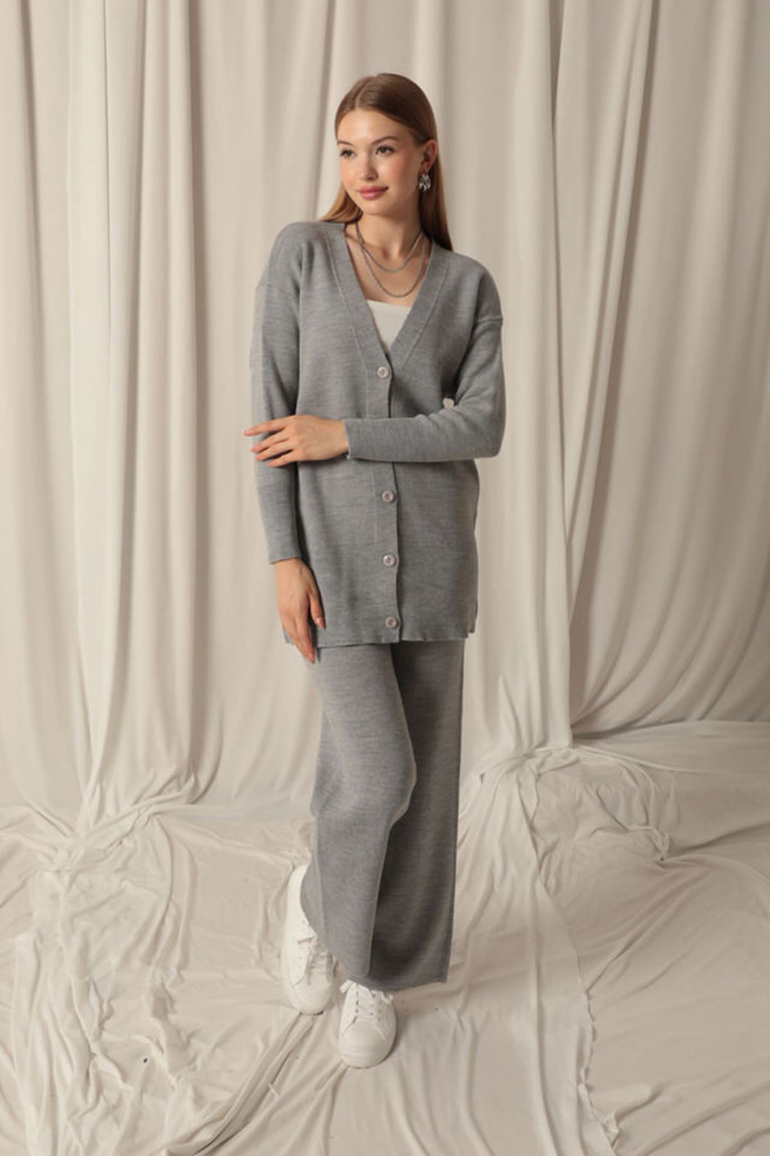 KKT Knitwear Fabric Plain Cardigan Women's Gray Suit - Plymouth