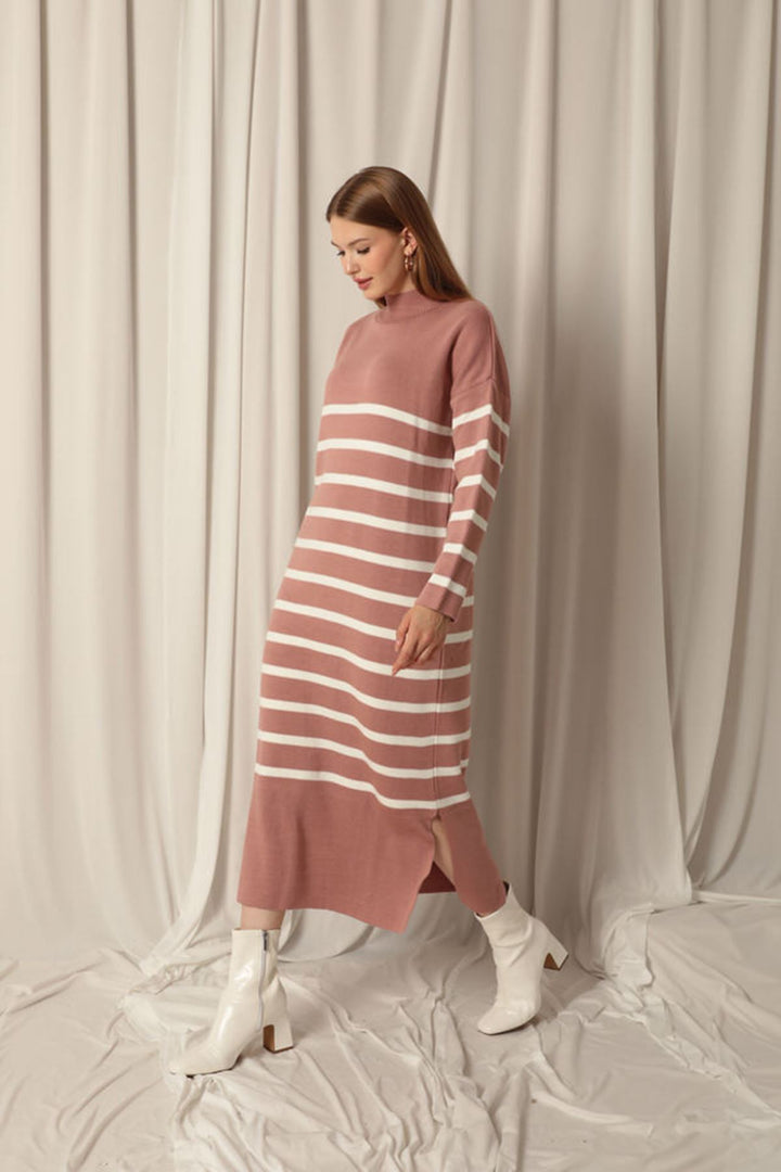 KKT Knit Fabric Turtleneck Striped Dusty Rose Dress - Delmenhorst