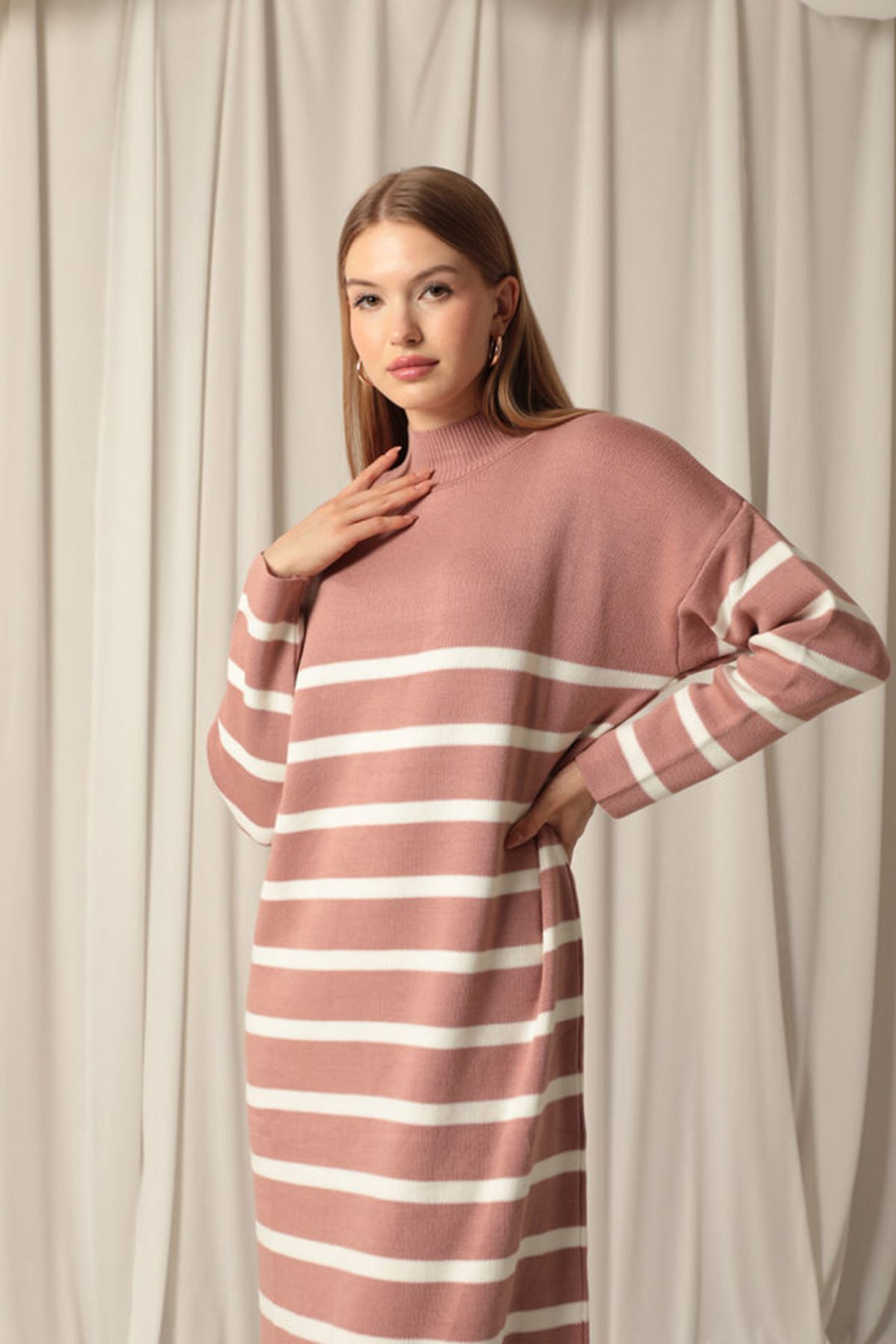 KKT Knit Fabric Turtleneck Striped Dusty Rose Dress - Delmenhorst