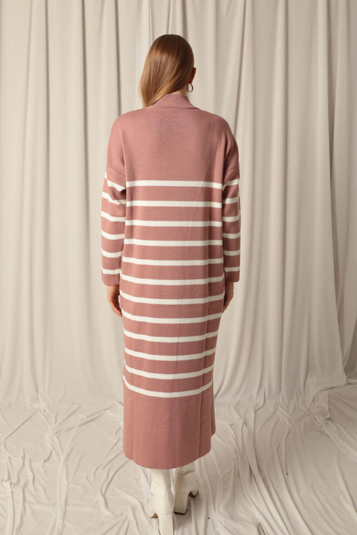 KKT Knit Fabric Turtleneck Striped Dusty Rose Dress - Delmenhorst