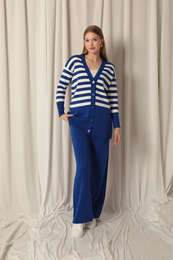 KKT Knitwear Fabric Striped Women's Cardigan Saxe Set - Hemet