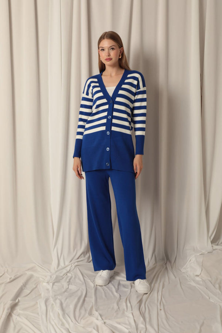 KKT Knitwear Fabric Striped Women's Cardigan Saxe Set - Hemet