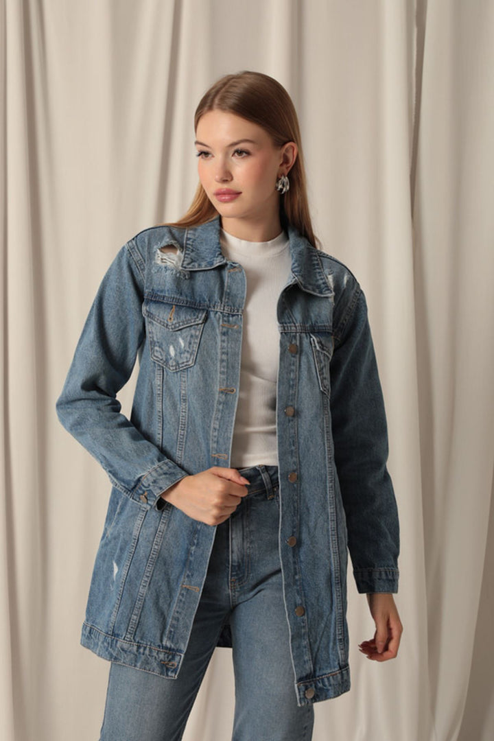 جاكيت KKT Jean Fabric طويل من الدنيم الأزرق للنساء - ستافورد