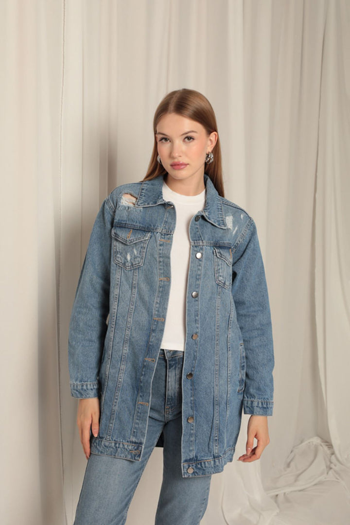 جاكيت KKT Jean Fabric طويل من الدنيم الأزرق للنساء - ستافورد
