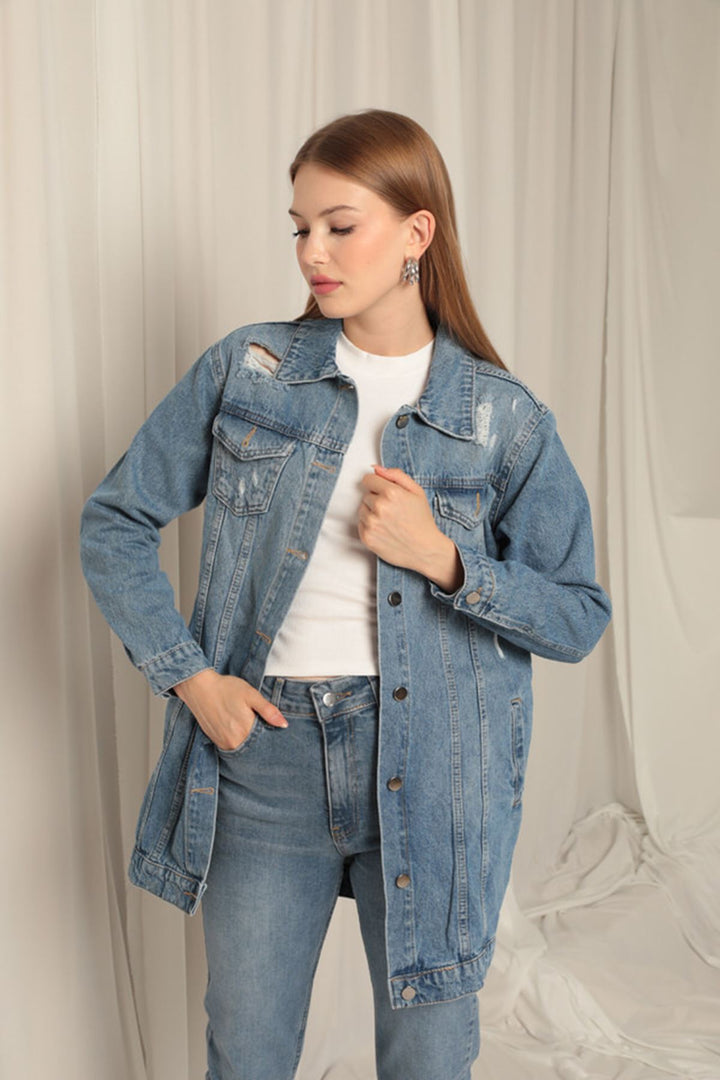 جاكيت KKT Jean Fabric طويل من الدنيم الأزرق للنساء - ستافورد