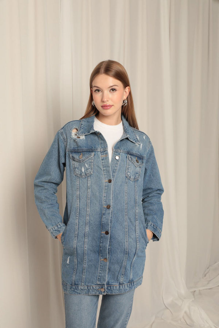 جاكيت KKT Jean Fabric طويل من الدنيم الأزرق للنساء - ستافورد