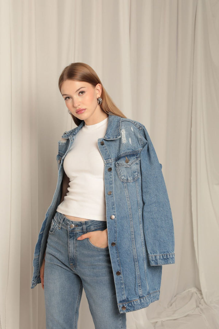 جاكيت KKT Jean Fabric طويل من الدنيم الأزرق للنساء - ستافورد