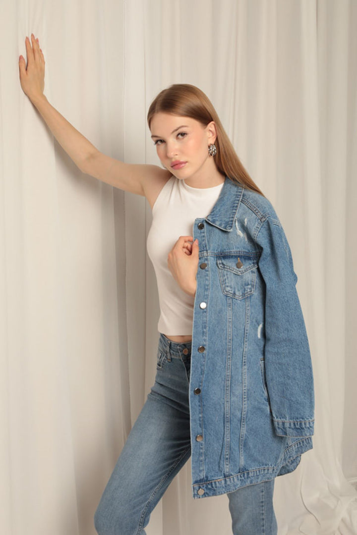 جاكيت KKT Jean Fabric طويل من الدنيم الأزرق للنساء - ستافورد