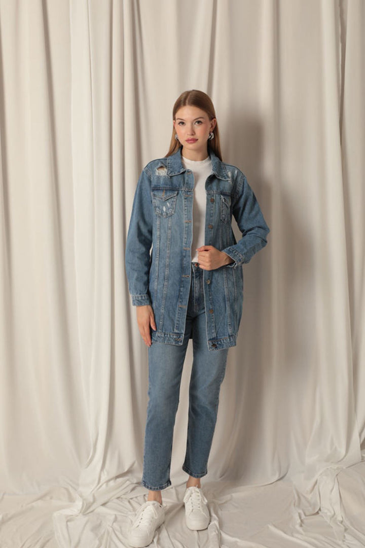 جاكيت KKT Jean Fabric طويل من الدنيم الأزرق للنساء - ستافورد