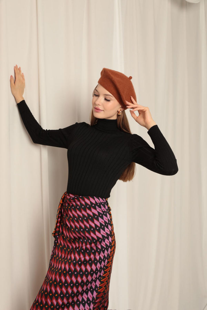 KKT Knitted Fabric Turtleneck Women's Black Blouse - Moers