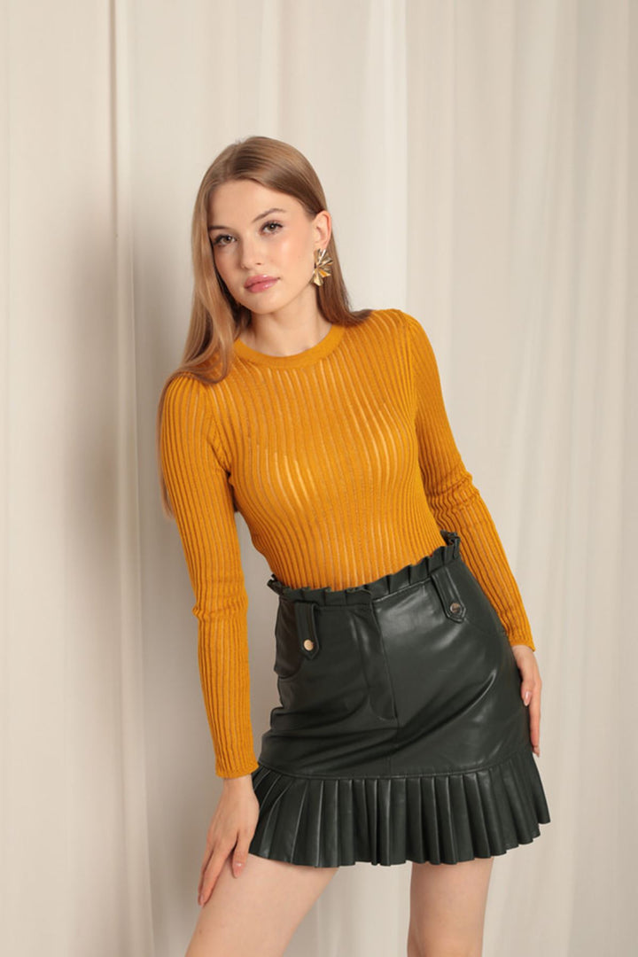 KKT Knitwear Fabric Crew Neck Women's Mustard Blouse - Hallandale Beach