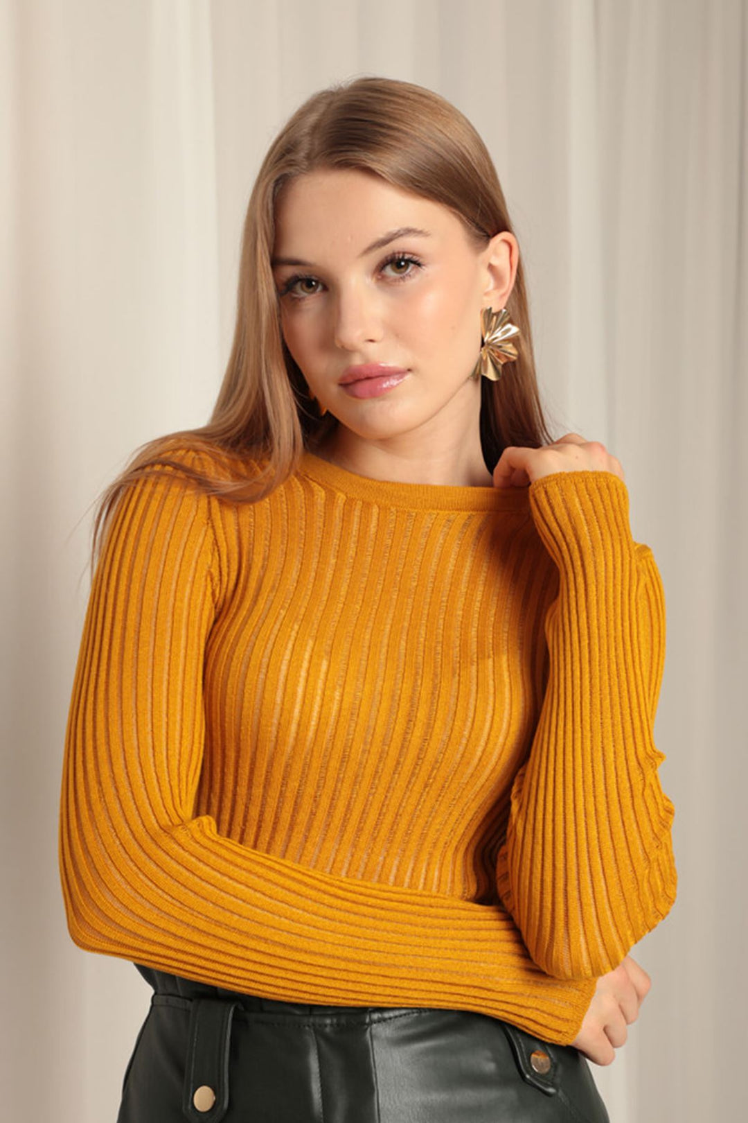KKT Knitwear Fabric Crew Neck Women's Mustard Blouse - Hallandale Beach