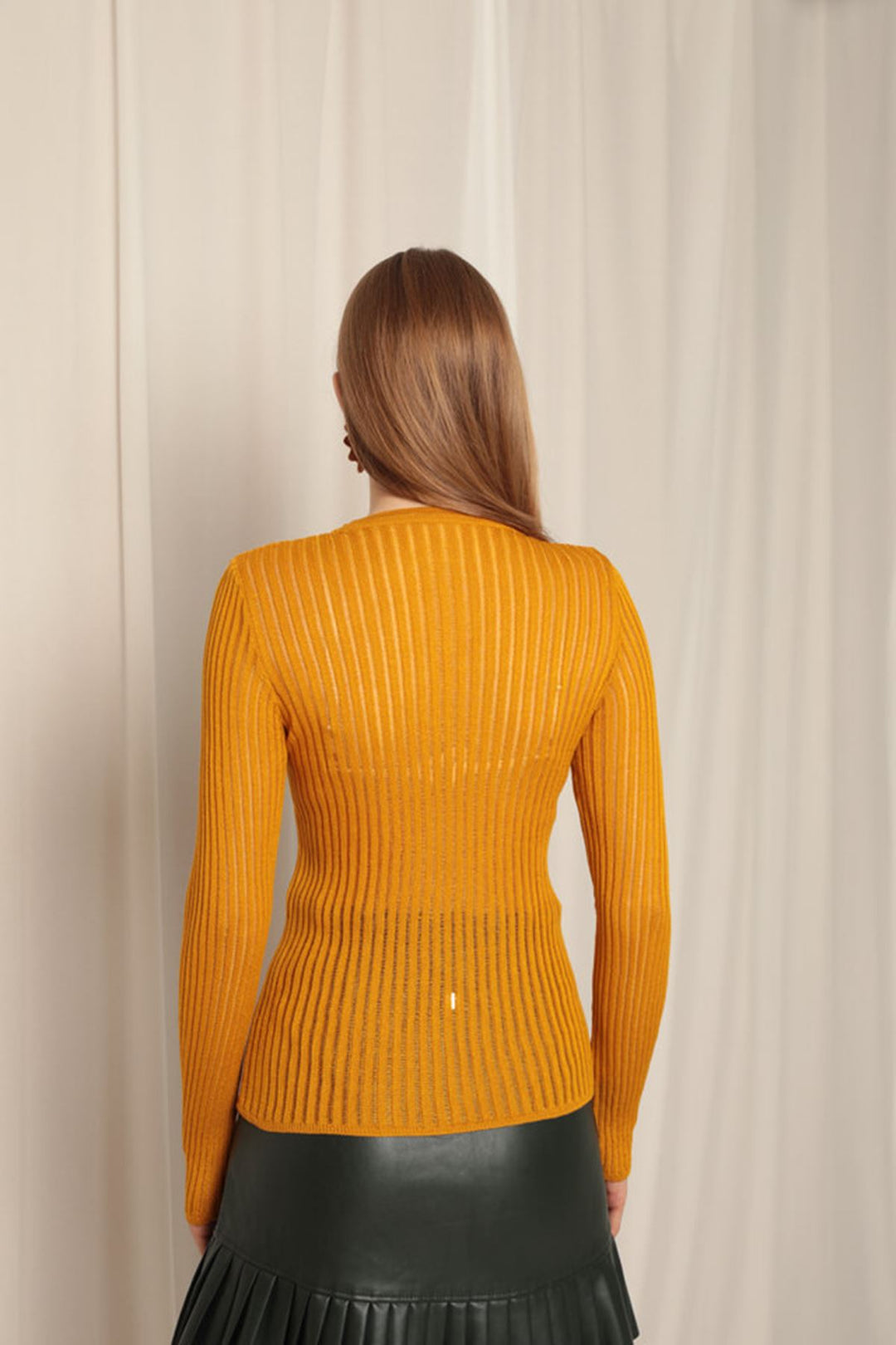 KKT Knitwear Fabric Crew Neck Women's Mustard Blouse - Hallandale Beach