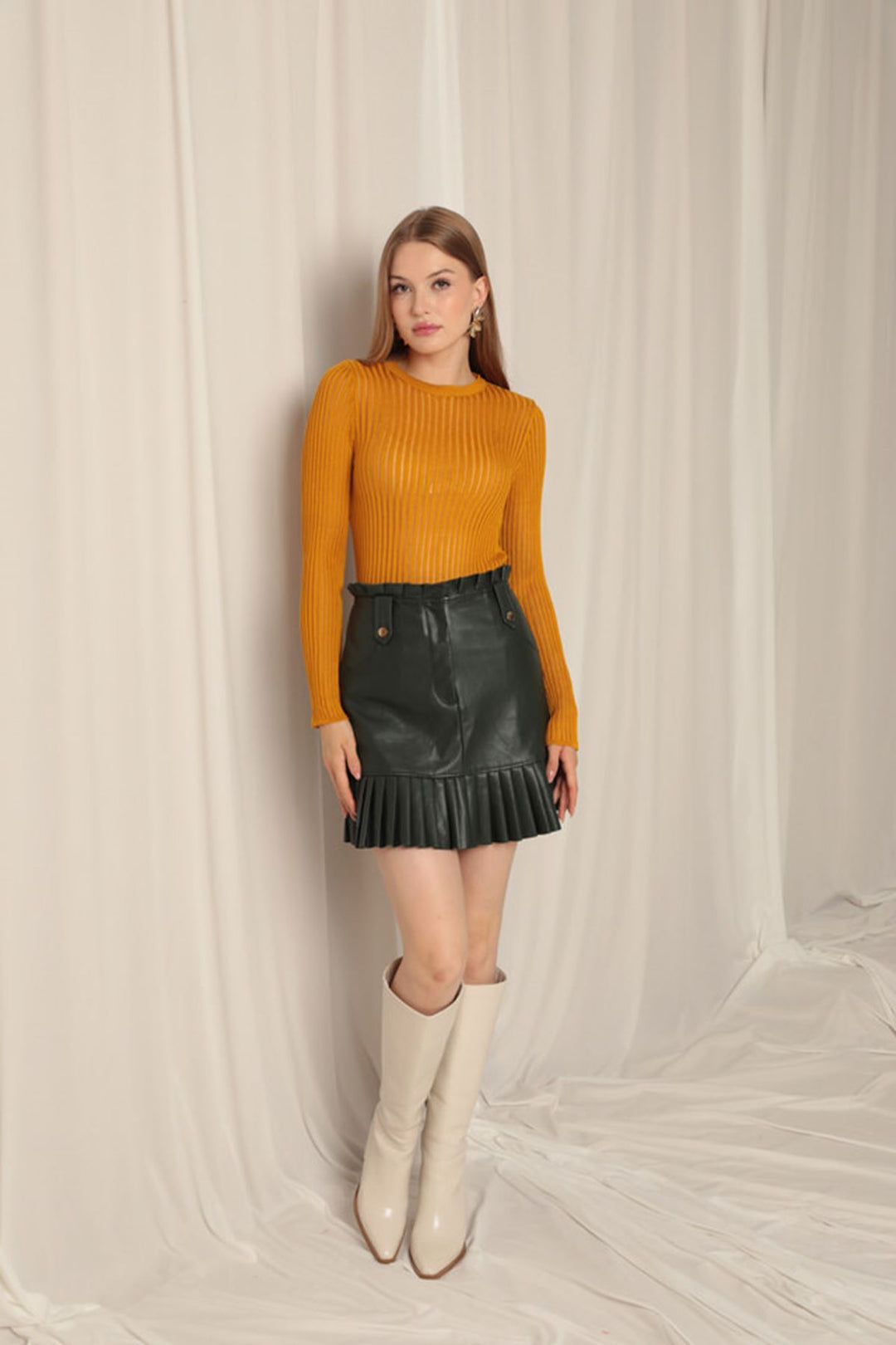 KKT Knitwear Fabric Crew Neck Women's Mustard Blouse - Hallandale Beach