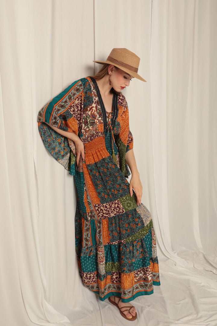 KKT Silk Fabric V Neck Long Blue Dress - Nashville