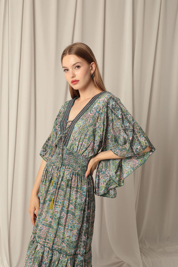 KKT Silk Fabric V Neck Gipel Long Pink Dress - Langenhagen