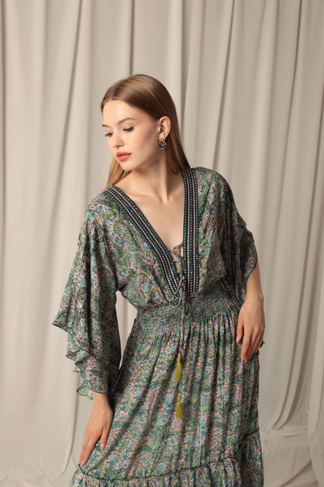 KKT Silk Fabric V Neck Gipel Long Pink Dress - Langenhagen