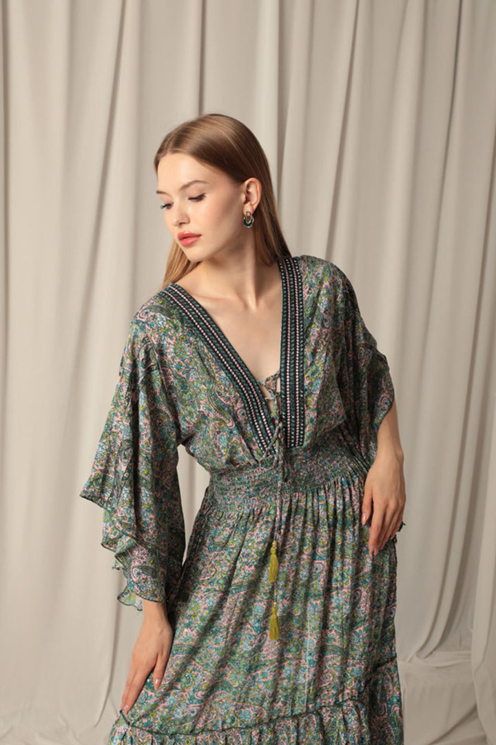 KKT Silk Fabric V Neck Gipel Long Pink Dress - Langenhagen