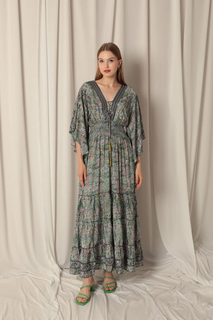 KKT Silk Fabric V Neck Gipel Long Pink Dress - Langenhagen