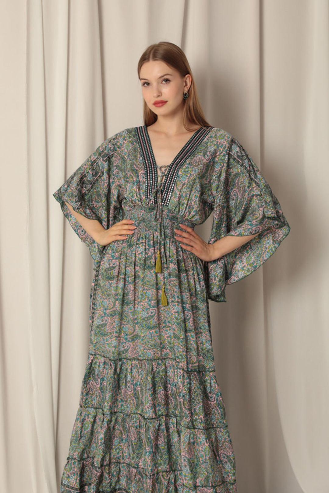 KKT Silk Fabric V Neck Gipel Long Pink Dress - Langenhagen