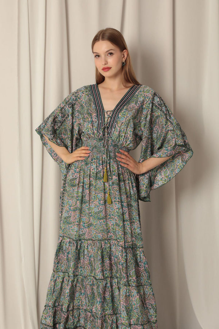 KKT Silk Fabric V Neck Gipel Long Pink Dress - Langenhagen